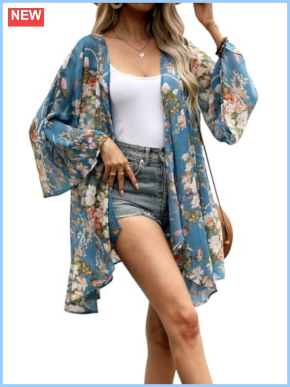 Floral Chiffon Bell Sleeve Kimono Cover Up Lightweight Open Front